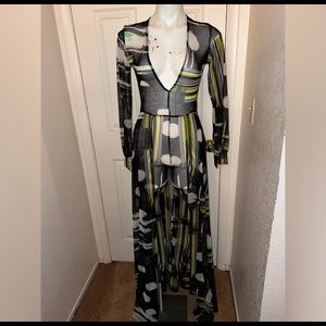 Sheer color block jumpsuit with attached back skirt